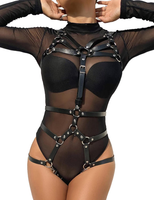 ohyeahlady Arnés Corporal Sexy de Cuero Punk Completo con Correas para el Pecho, Cinturones de Cintura Góticos Negros, Accesorios Corporales para Mujeres