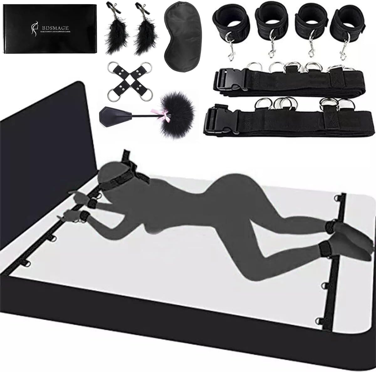Kit de juego de bondage de 7 piezas – con látigo de plumas, máscara para ojos, esposas y pinzas para pezones para parejas