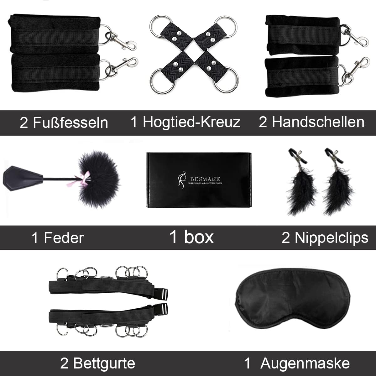 Kit de juego de bondage de 7 piezas – con látigo de plumas, máscara para ojos, esposas y pinzas para pezones para parejas