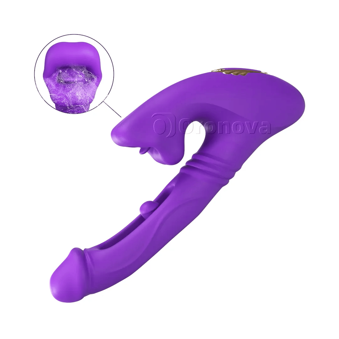 Vibrador de penetración hueco con vibración en la yema de los dedos, vibración en el cabezal y estimulación de los labios mediante mordida
