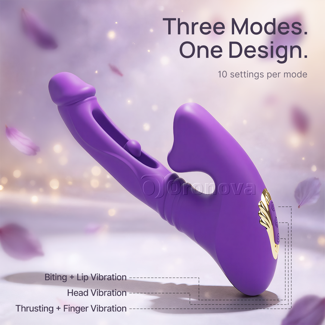 Vibrador de penetración hueco con vibración en la yema de los dedos, vibración en el cabezal y estimulación de los labios mediante mordida