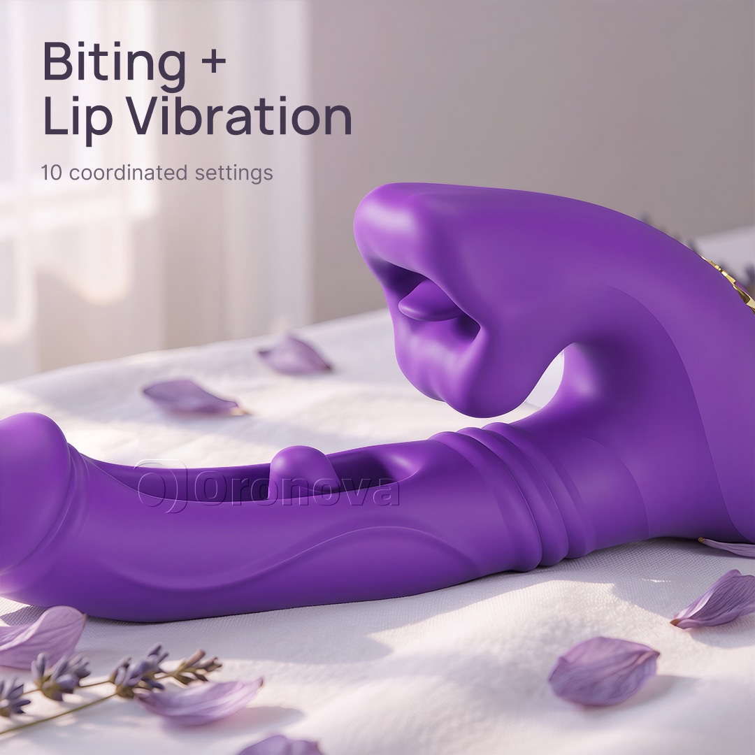Vibrador de penetración hueco con vibración en la yema de los dedos, vibración en el cabezal y estimulación de los labios mediante mordida